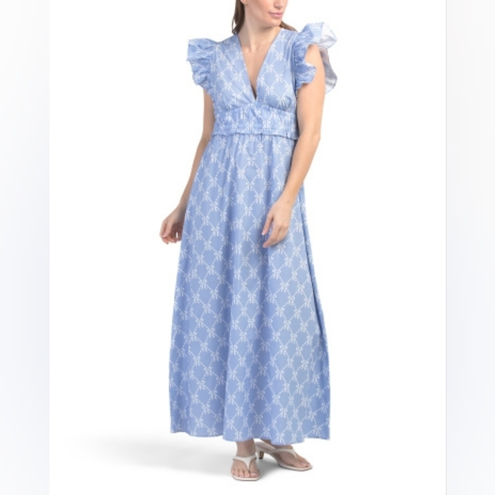 NWT - Sail to Sable Cotton Hydrangea Bow Print Flutter Sleeve Maxi Dress-Size XL